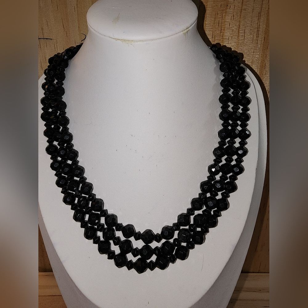 Germany Vintage Black Beaded Necklace 14"+3"
